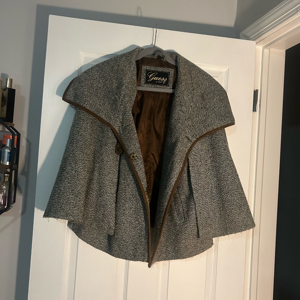 Guess Women's Tweed Gray Cape with Brown Trim
